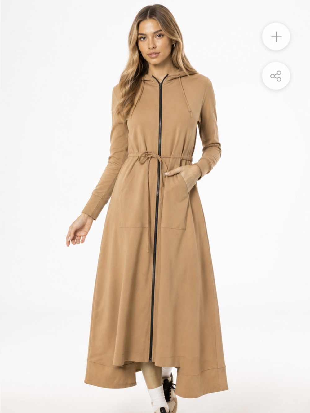 Long-Sleeve Zip-Front Maxi Dress in tan
